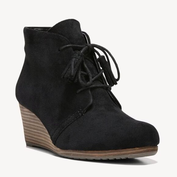 Dr. Scholl's Size 8 Black Dakota Faux Suede Lace Up Wedge Heel Ankle Booties - Picture 1 of 16